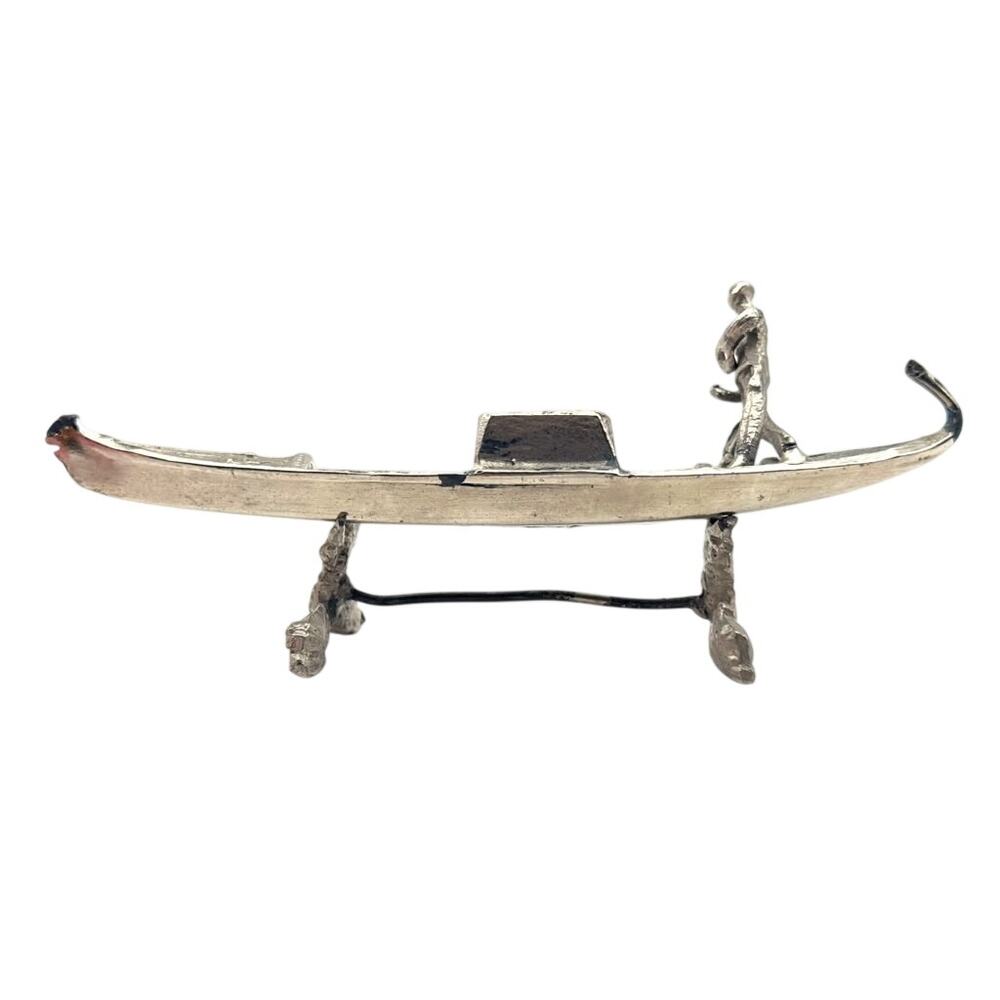 Vintage Metal Gondola Boat Figure Boatman Ornate Raised Stand Silver Tone Decor